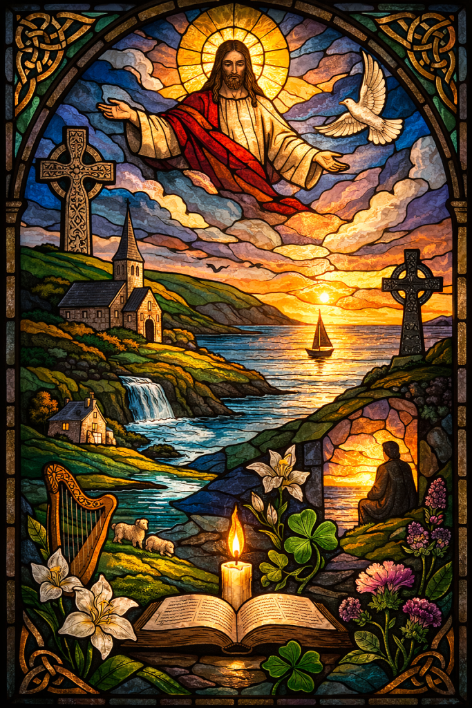 Stained-glass style image of Christ with outstretched arms beneath a golden halo, blessing an Irish coastal landscape at sunset. Around him are Celtic crosses, a small stone church, a river and waterfall flowing to the sea with a sailboat, green hills, sheep, a harp, wildflowers, a candle and open Bible, all framed with Celtic knotwork.
