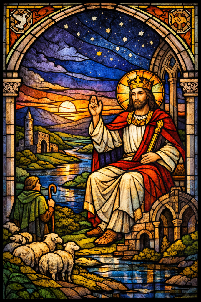 Stained-glass style image of Christ as a crowned High King seated beside a flowing river at sunset. He raises a hand in blessing while holding a sceptre, with a halo around his head. Behind him are an Irish landscape with a round tower, church ruins, and rolling hills under a star-filled evening sky where the sun is setting. In the foreground a shepherd stands with a staff watching over a small flock of sheep near the water, symbolising Christ’s gentle reign and care for his people.