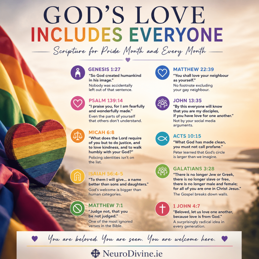 Rainbow-themed Christian graphic with affirming Bible verses and NeuroDivine.ie branding.