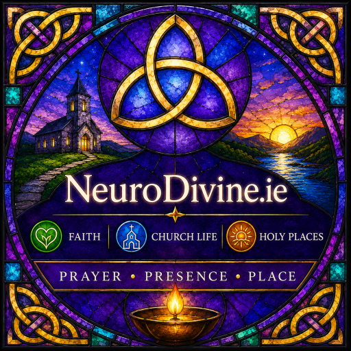 Stained-glass NeuroDivine.ie icon with Trinity knot, church, sunrise, lamp, and “Prayer • Presence • Place”.