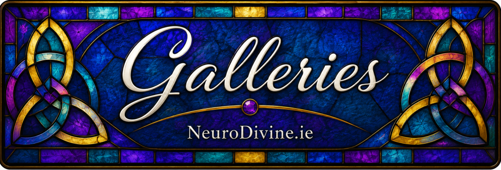 NeuroDivine Galleries banner in stained glass with Celtic knotwork.