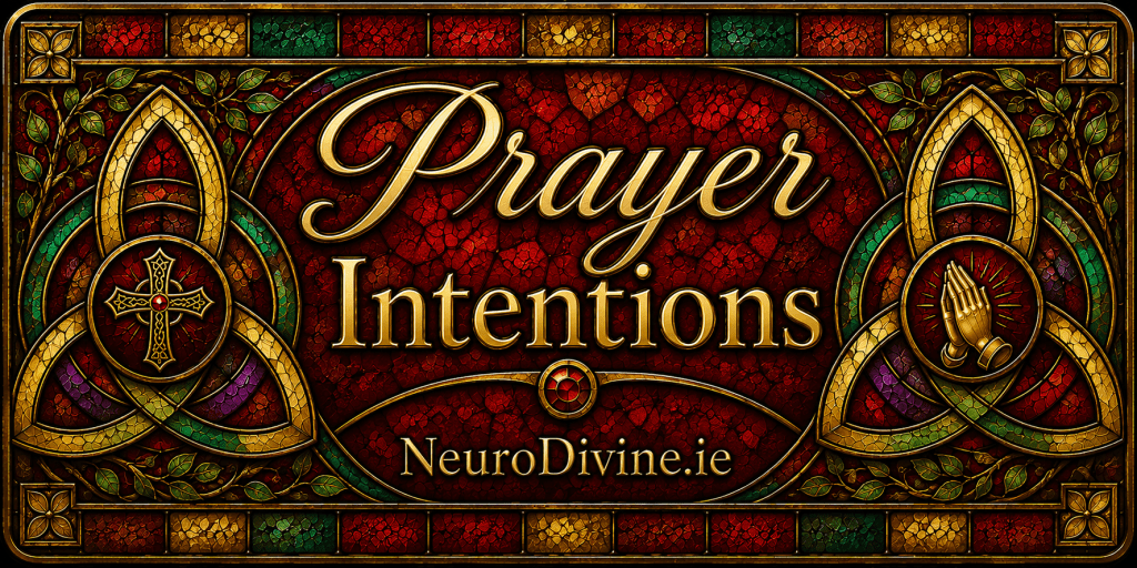 NeuroDivine Prayer Intentions banner in stained glass with Celtic knotwork.