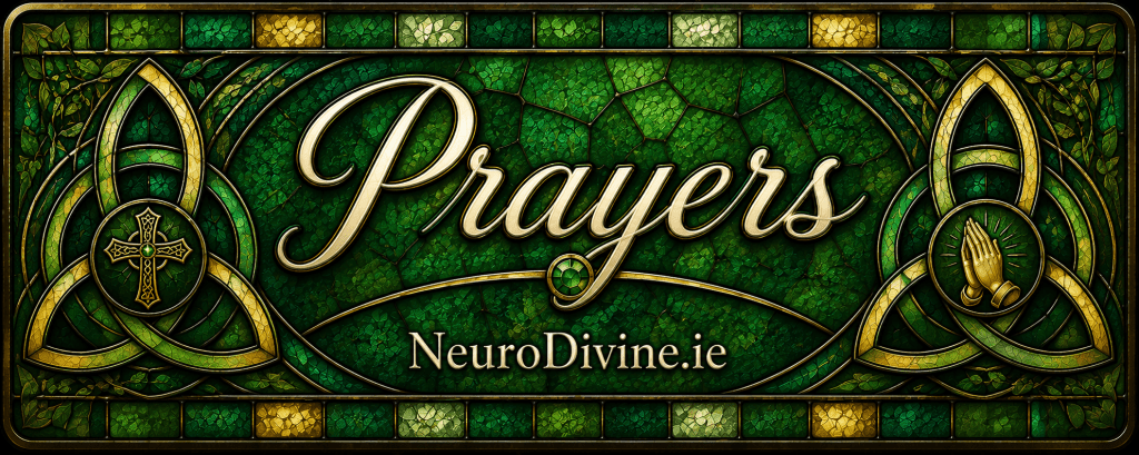 NeuroDivine Prayers banner in stained glass with Celtic knotwork.