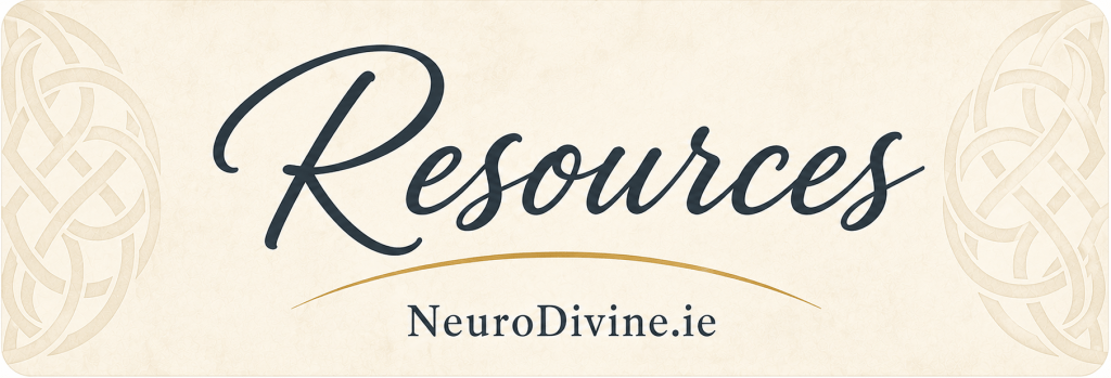 NeuroDivine Resources banner in cream with Celtic knotwork.