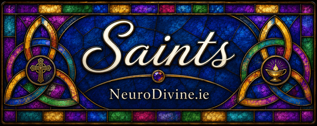 NeuroDivine Saints banner in stained glass with Celtic knotwork.