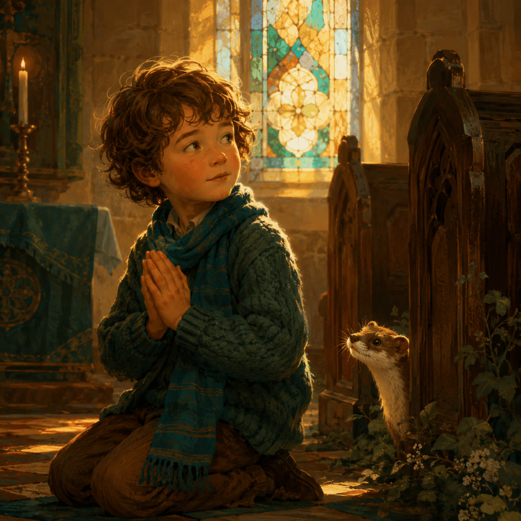 AI-generated, human-directed illustration of a curly-haired child kneeling in prayer inside a warmly lit church. Golden sunlight streams through a colourful stained-glass window, while a small, friendly weasel peeks curiously from beside a carved wooden pew. Deep green, teal and gold tones create a playful yet contemplative atmosphere.