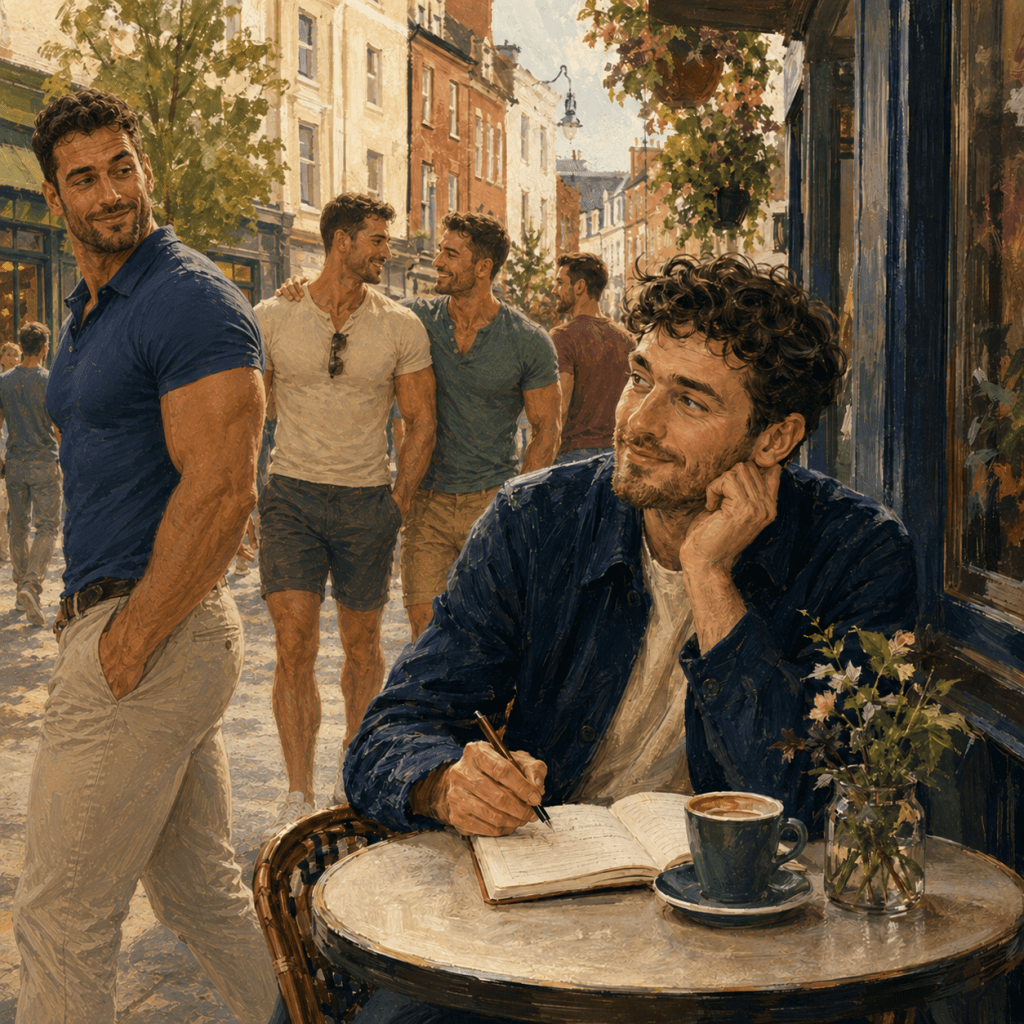 Human-guided AI-generated illustration of a man writing at a pavement café, smiling as muscular gay men pass and exchange flirtatious glances.