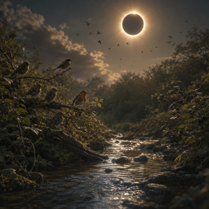 Small birds gather beside a low-running river beneath the darkened sun of a solar eclipse.