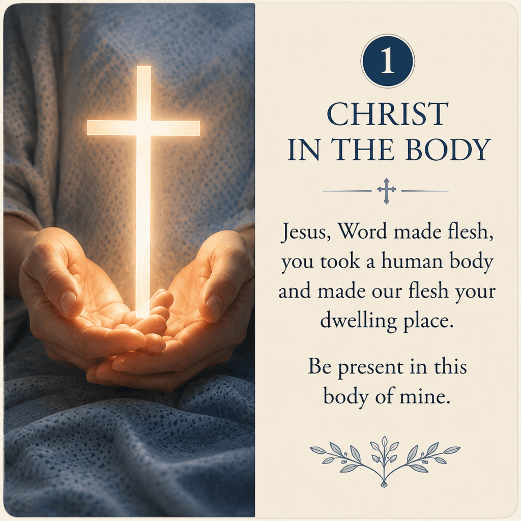 Christ in the Body: Hands cradle a glowing cross beside a prayer for Christ’s presence in the body.