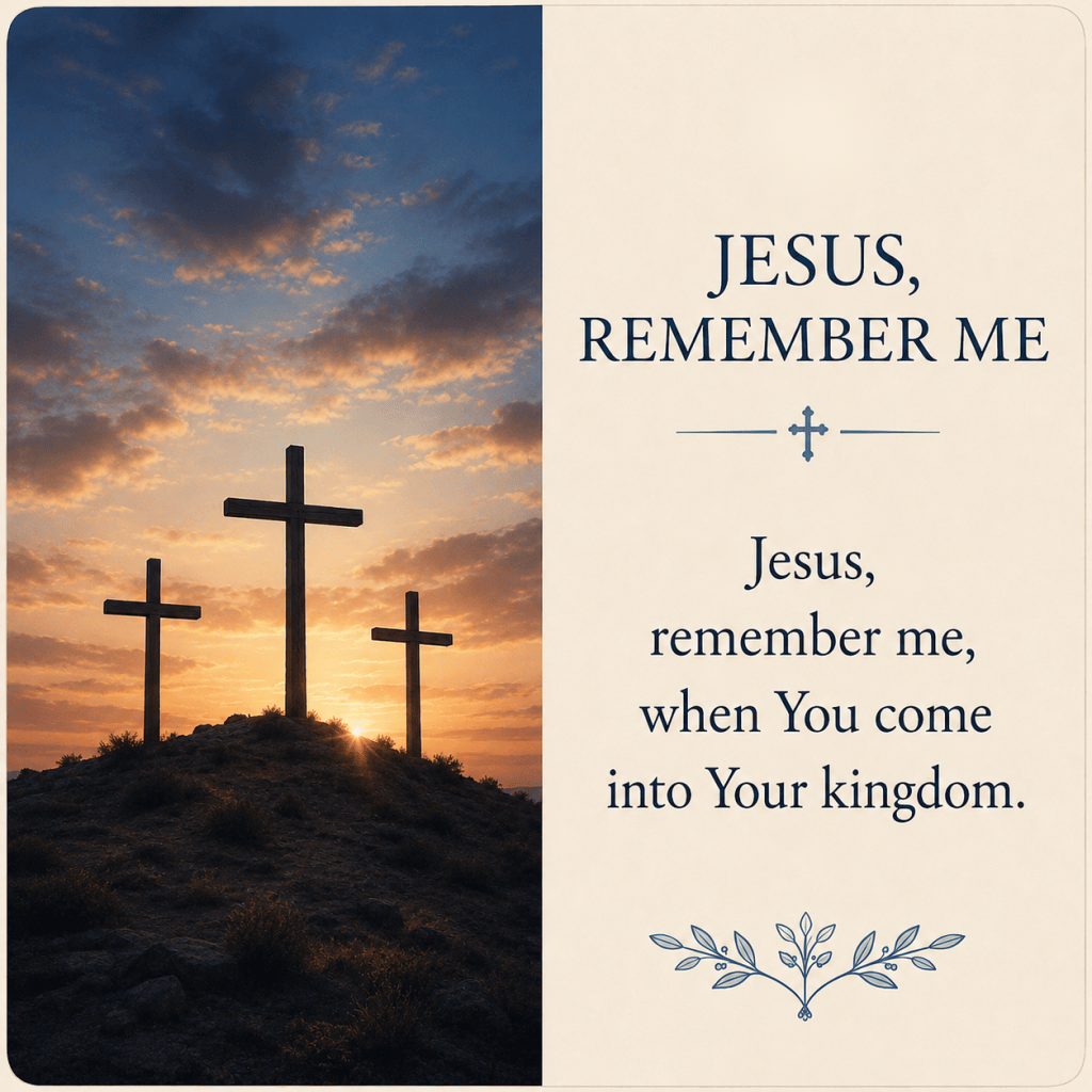 Three crosses at sunset beside the prayer, “Jesus, remember me, when You come into Your kingdom.”