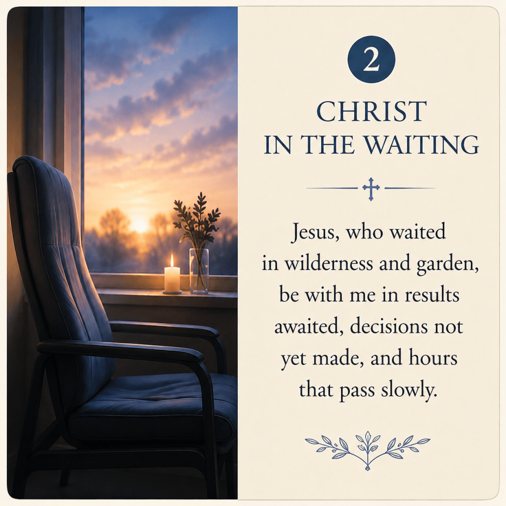 Christ in the Waiting: Empty hospital chair at sunset beside a prayer for Christ’s presence while waiting.