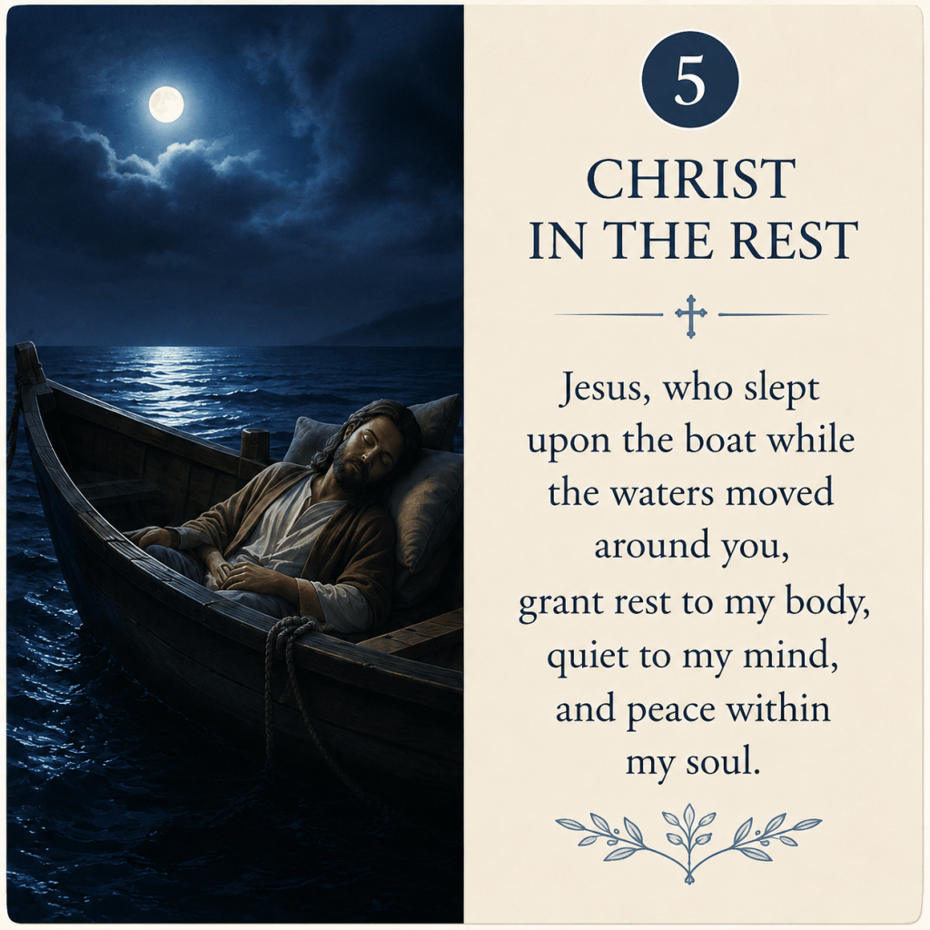Christ in the Rest: Jesus sleeps in a moonlit boat beside a prayer for rest, quiet and peace.