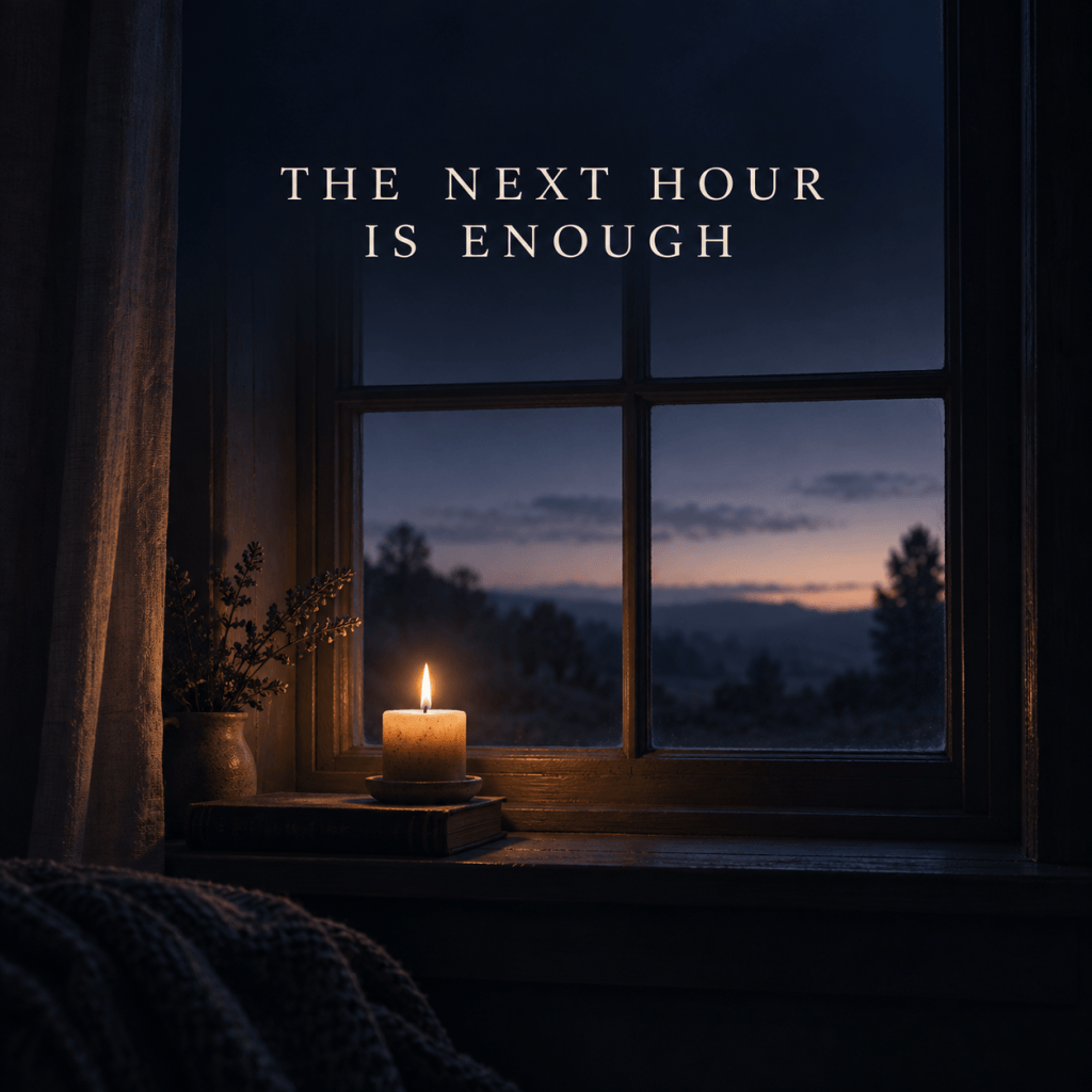 A single candle burns on a windowsill against a dark blue predawn sky. Above it are the words, “The Next Hour Is Enough.”